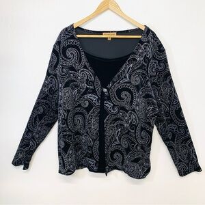 Notations Black Velvet Top Woman 3X Silver Sparkle Long Sleeve Faux Twin Stretch